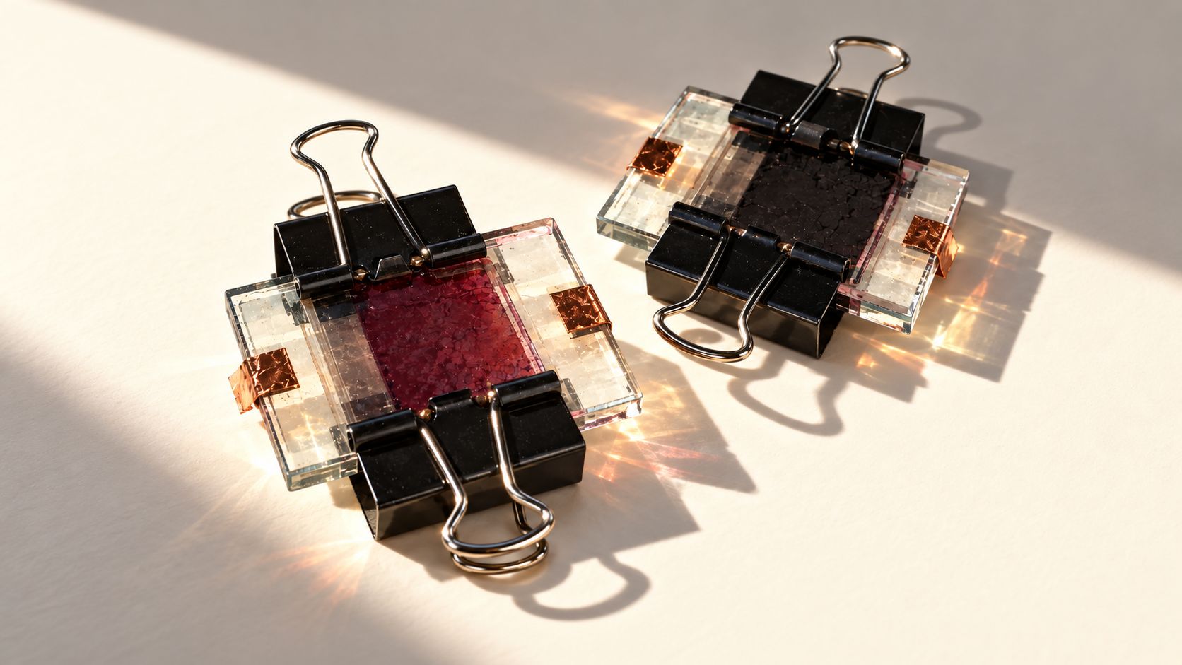 Two glass solar-cell assemblies with black binder clips, burgundy and black coatings, and copper contacts.
