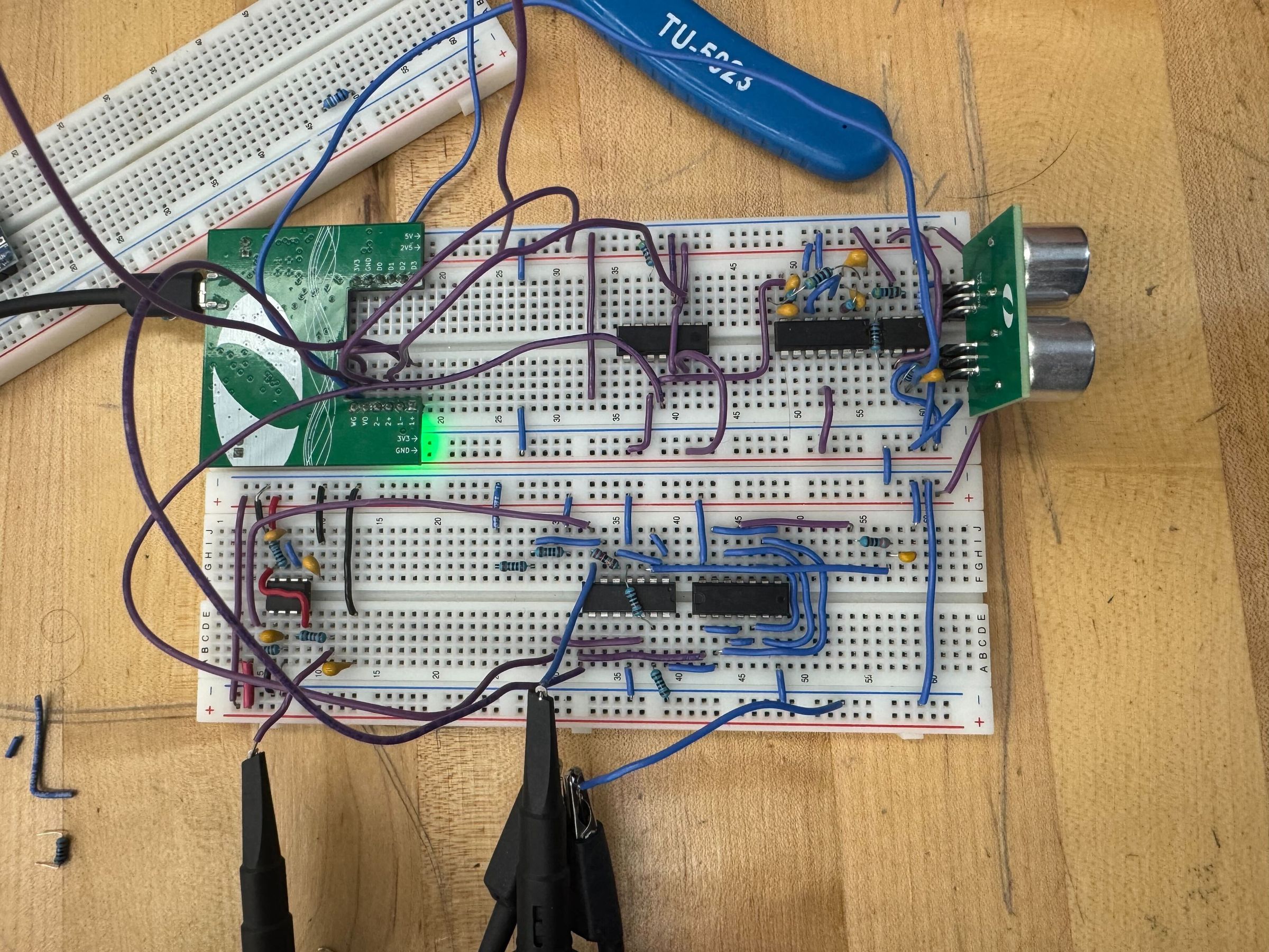 Final breadboard with scope probes