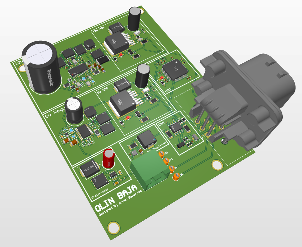 3D render of the Olin Baja power distribution board