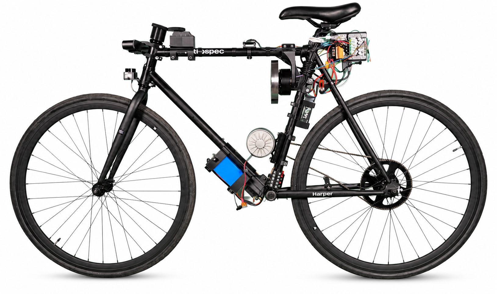 Reaction-wheel bicycle with control electronics mounted to its frame
